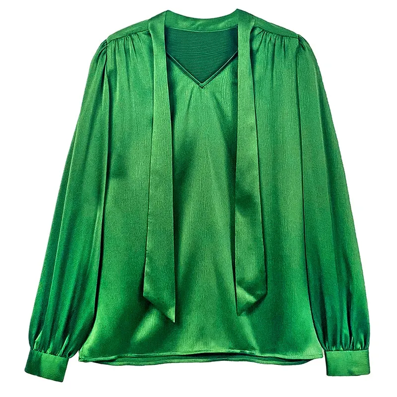 Huanzi new puff sleeves silk satin shirts top blouse - Oitr