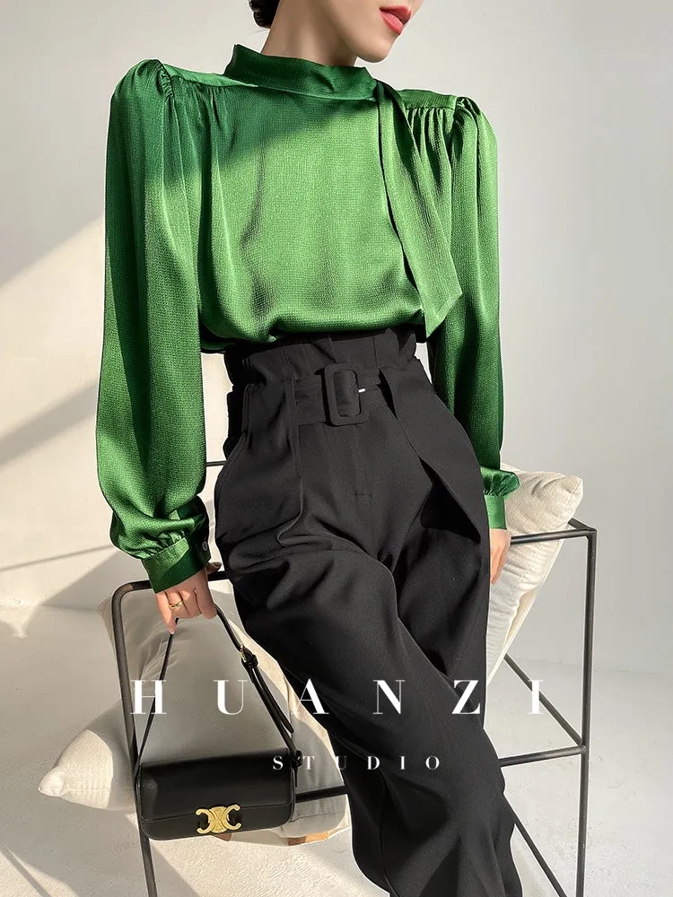 Huanzi new puff sleeves silk satin shirts top blouse - Oitr