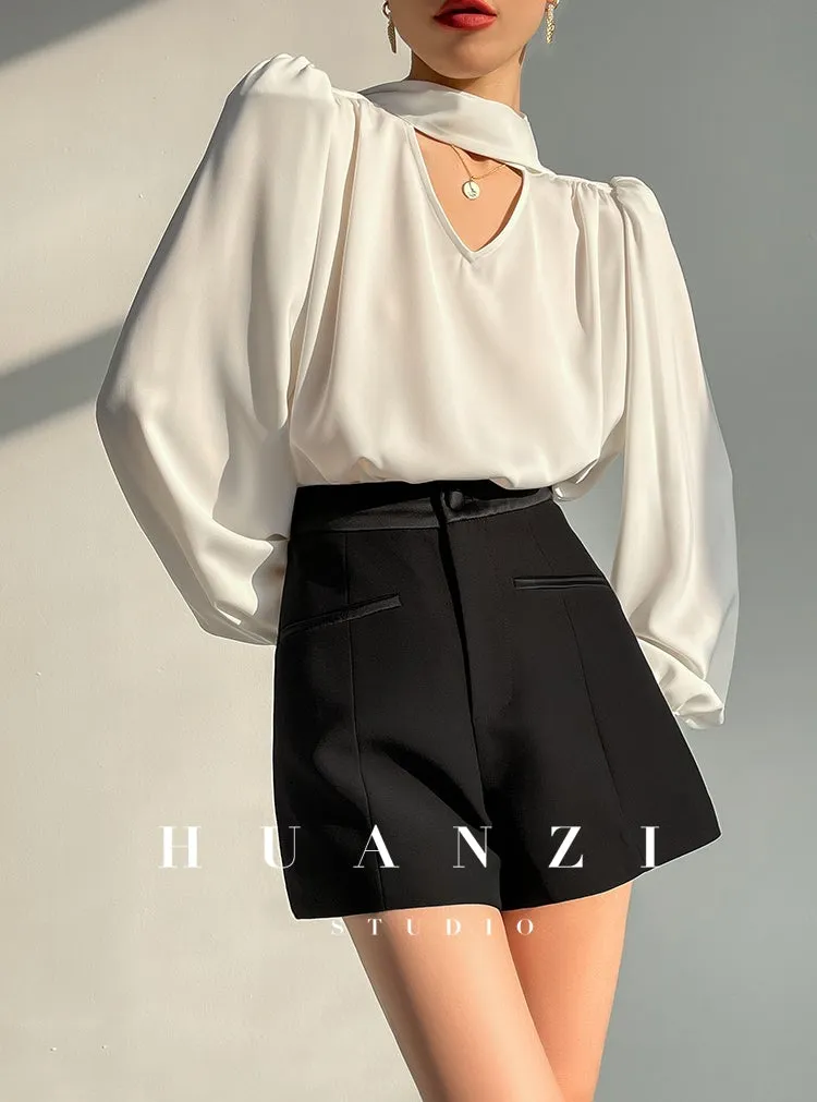 Huanzi new puff sleeves silk satin shirts top blouse - Oitr