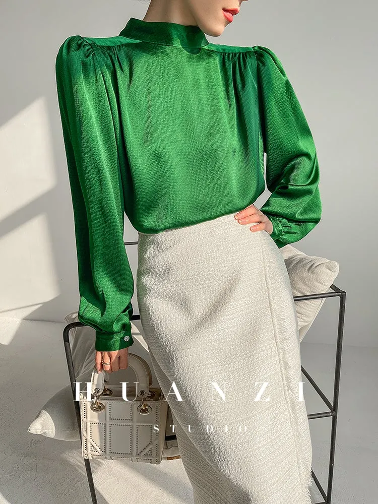 Huanzi new puff sleeves silk satin shirts top blouse - Oitr