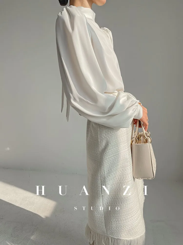 Huanzi new puff sleeves silk satin shirts top blouse - Oitr