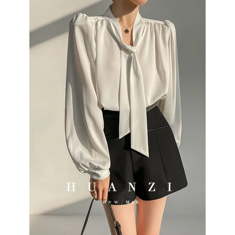 Huanzi new puff sleeves silk satin shirts top blouse - Oitr