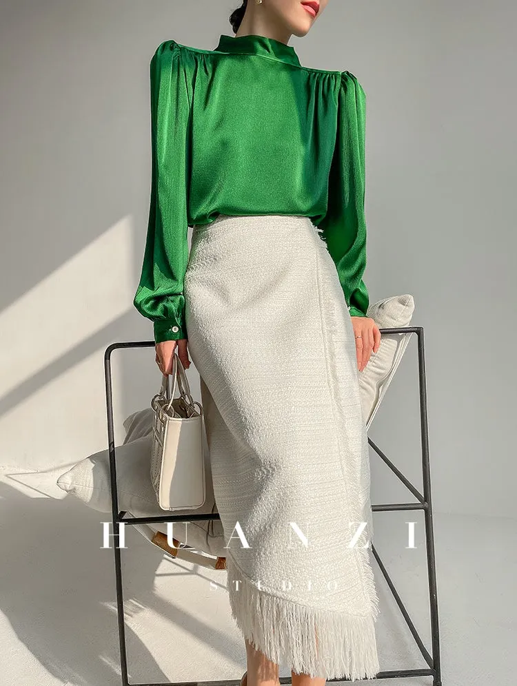 Huanzi new puff sleeves silk satin shirts top blouse - Oitr