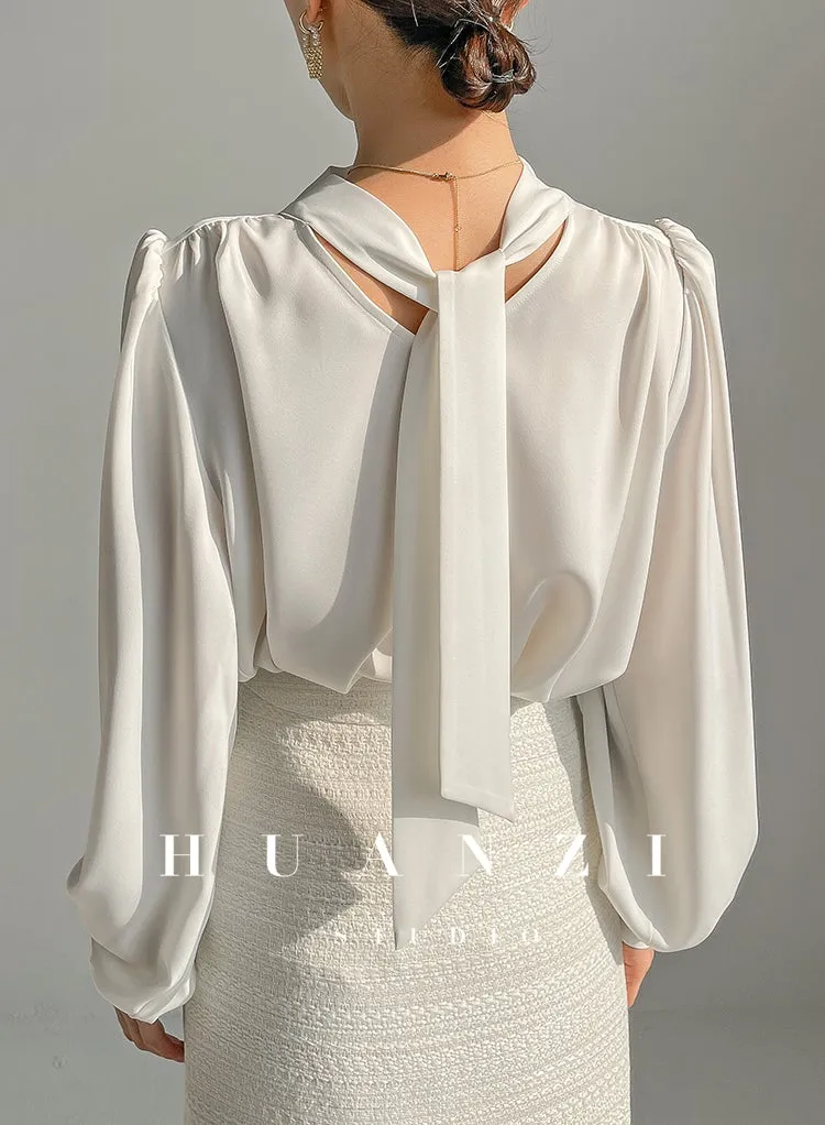 Huanzi new puff sleeves silk satin shirts top blouse - Oitr