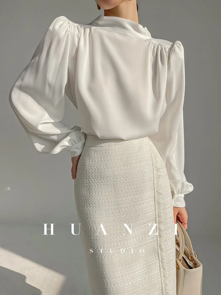 Huanzi new puff sleeves silk satin shirts top blouse - Oitr