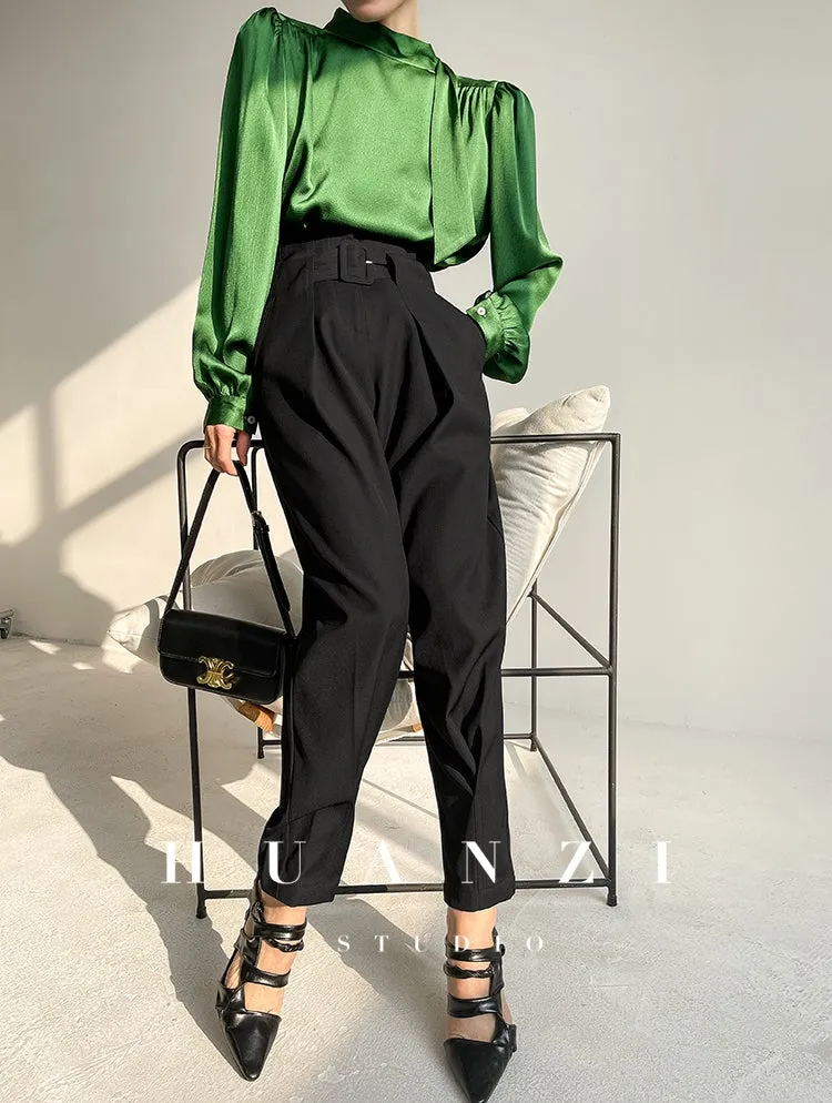 Huanzi new puff sleeves silk satin shirts top blouse - Oitr