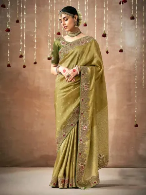 Iconic Olive Designer Silk Embroidered Saree