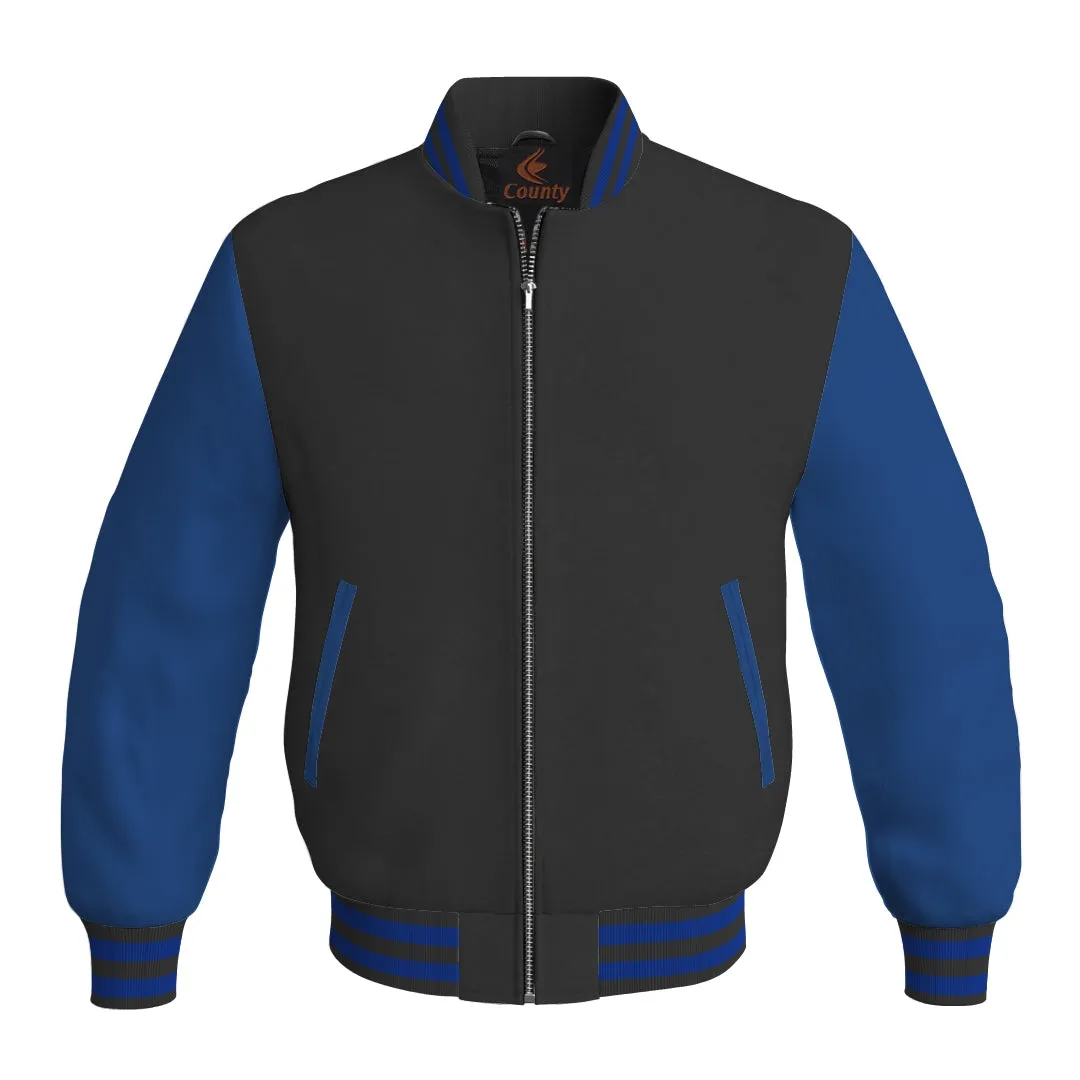 Letterman Jacket Black Body and Blue Leather Sleeves Bomber Jacket