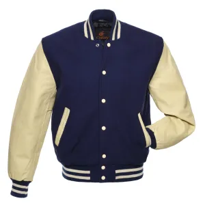 Letterman Jacket Navy Blue Body and Cream Leather Sleeves Varsity Jacket