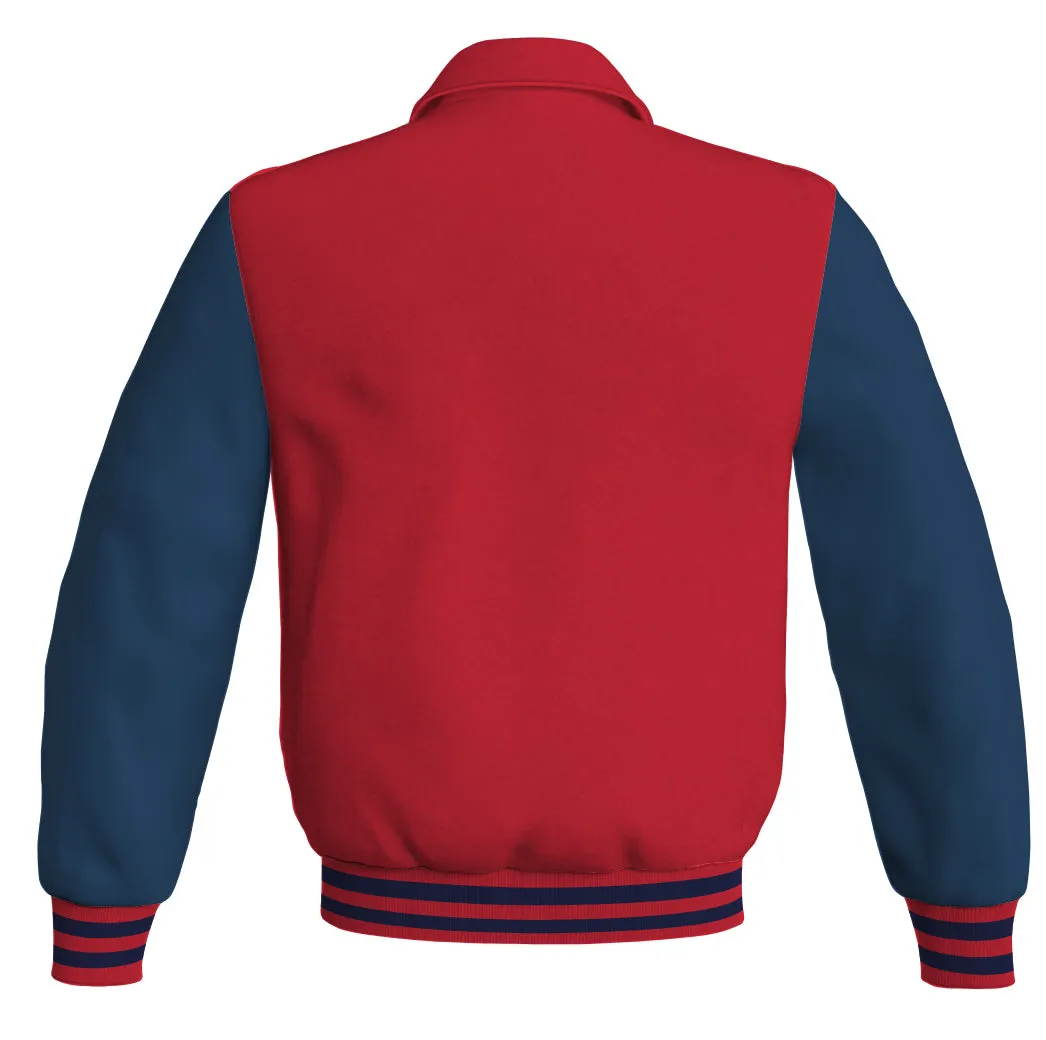Luxury Bomber Classic Jacket Red Body and Navy Blue Leather Sleeves