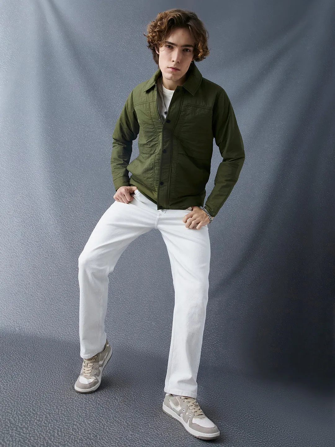 Men Regular Fit Premium Front Pocket Full Zip Olive Jacket