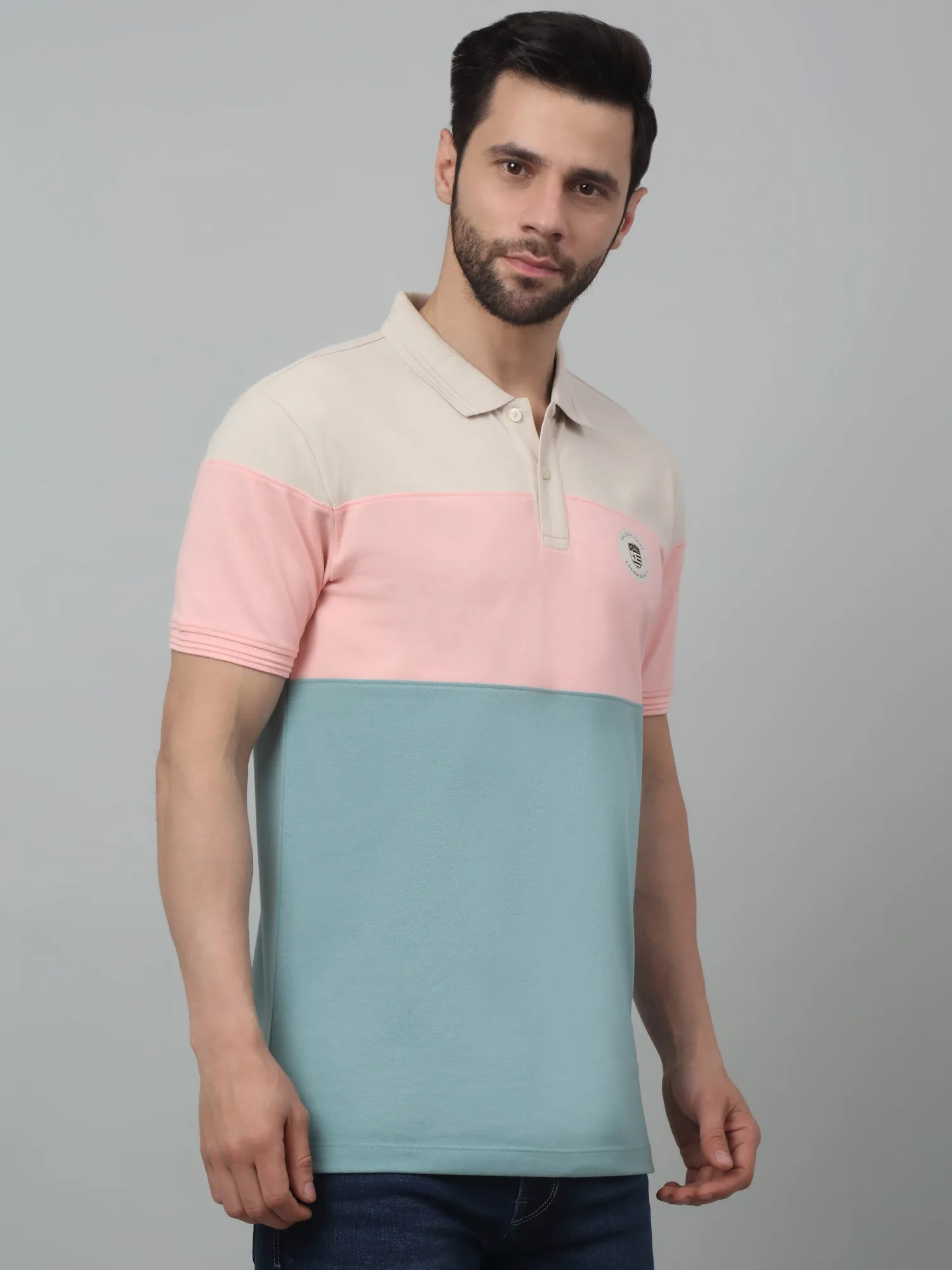 Men's Aqua Green Contrast Pastel Color block Polo neck Half Sleeve T-Shirt