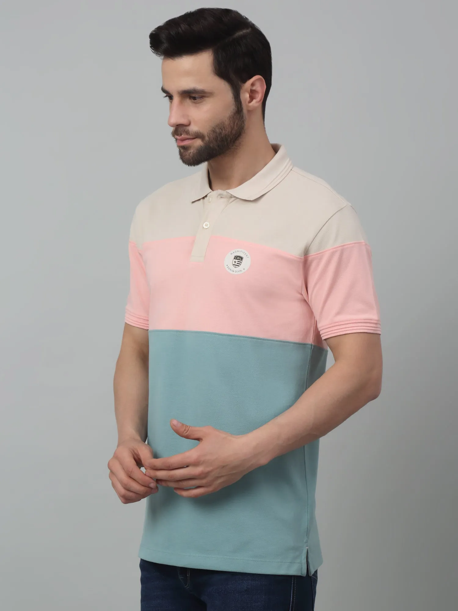 Men's Aqua Green Contrast Pastel Color block Polo neck Half Sleeve T-Shirt