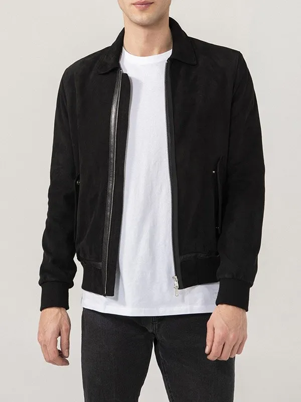 MEN’S BLACK SUEDE BOMBER JACKET BY TJS