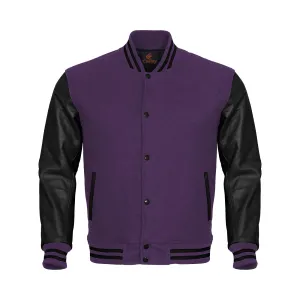 Mens Letterman Jacket Purple Body and Black Leather Sleeves Varsity Jacket