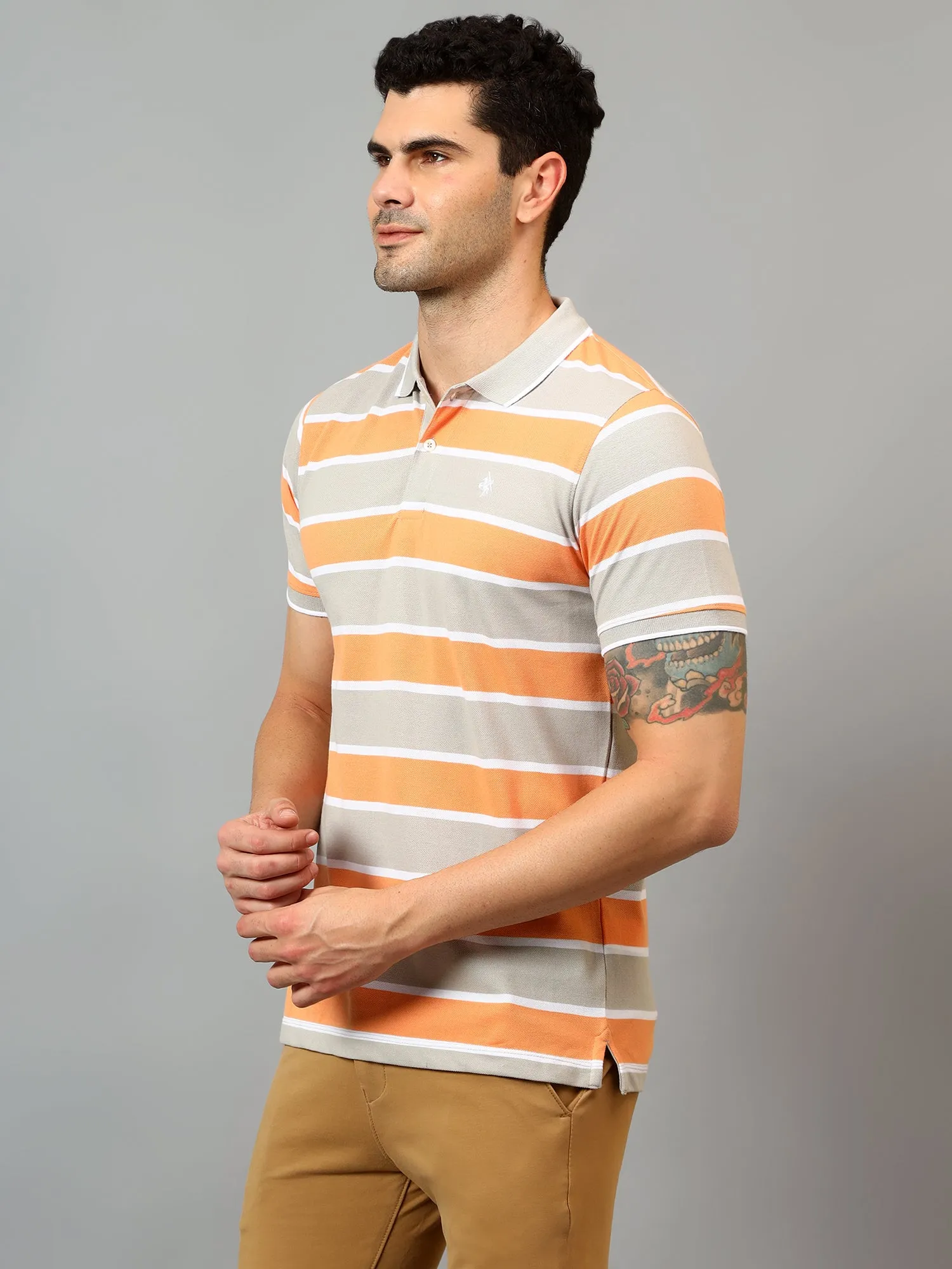 Men's Peach Stripe Polo neck Half Sleeve T-Shirt