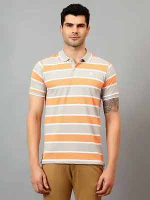 Men's Peach Stripe Polo neck Half Sleeve T-Shirt