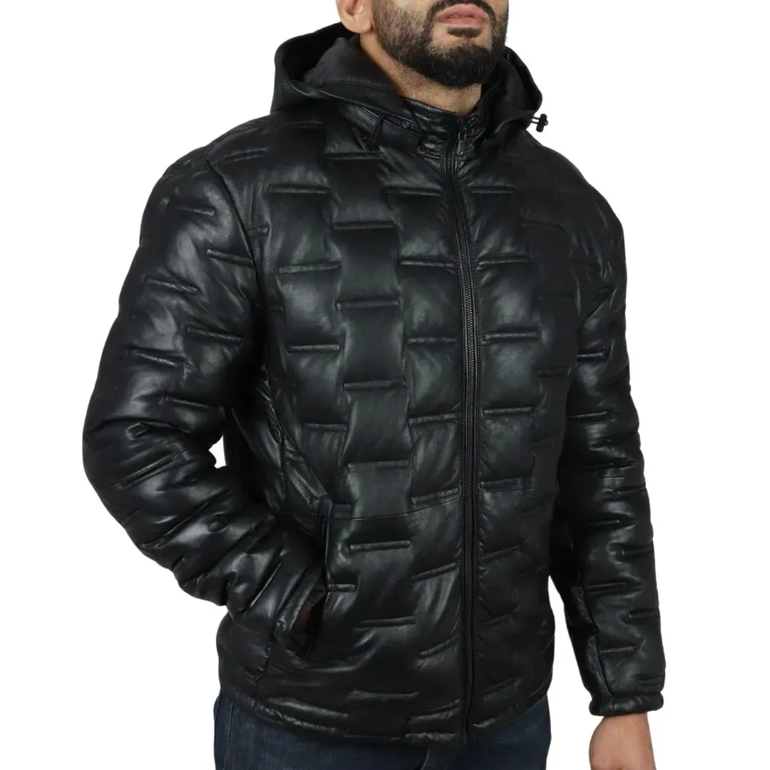 Men's Puffer Quilted Real Leather Hooded Jacket