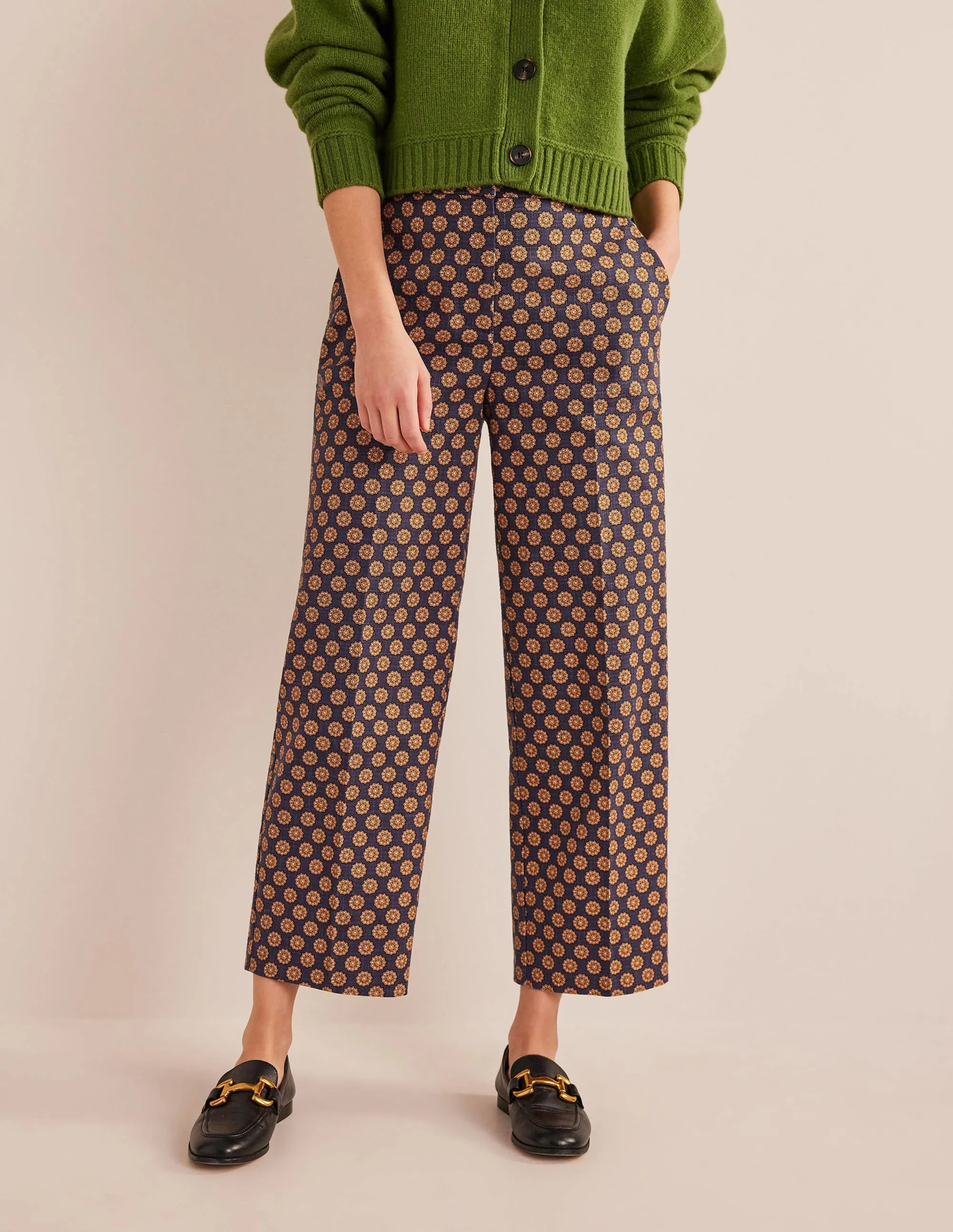 Printed Straight Trousers-Navy, Sunflower Geo