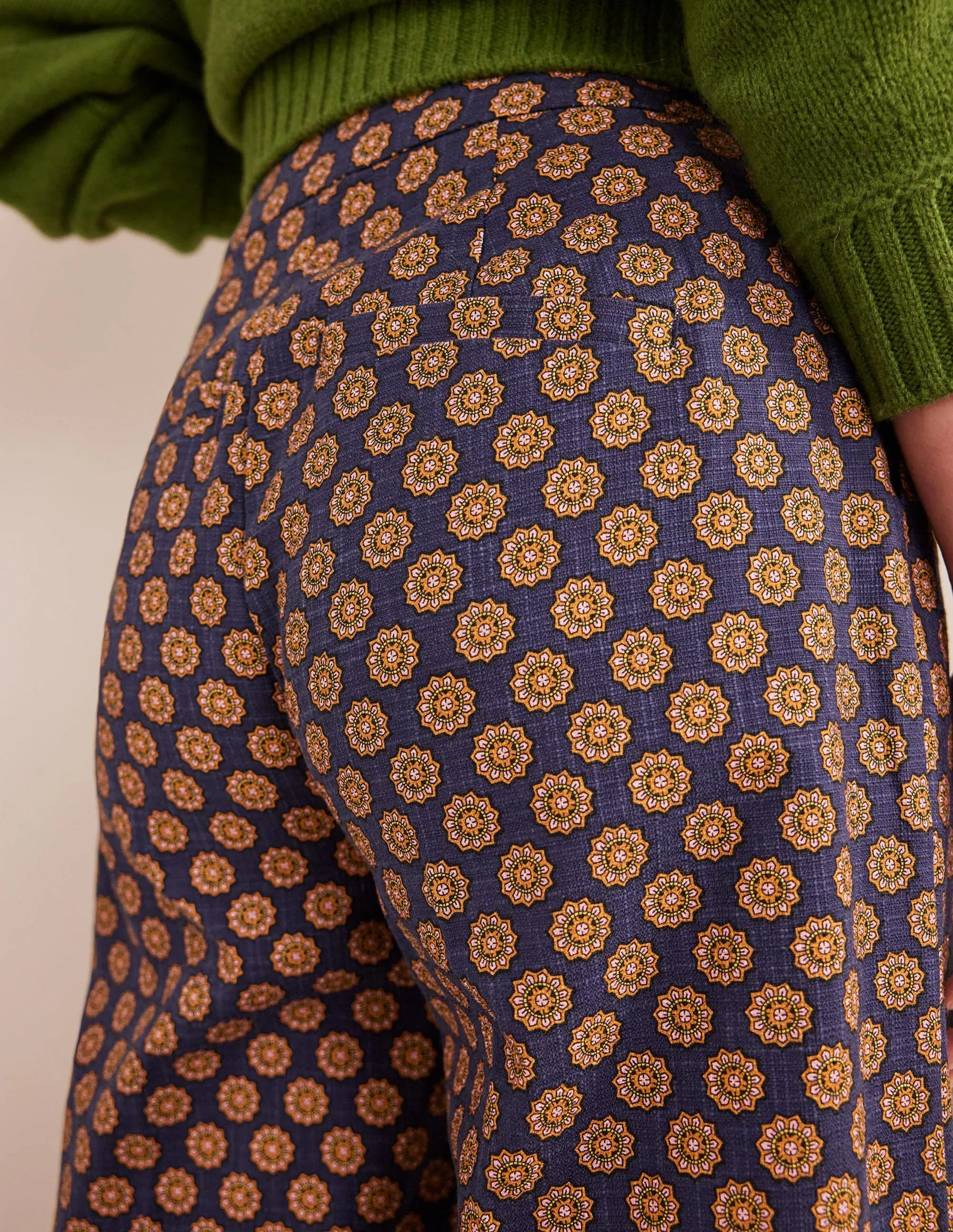 Printed Straight Trousers-Navy, Sunflower Geo