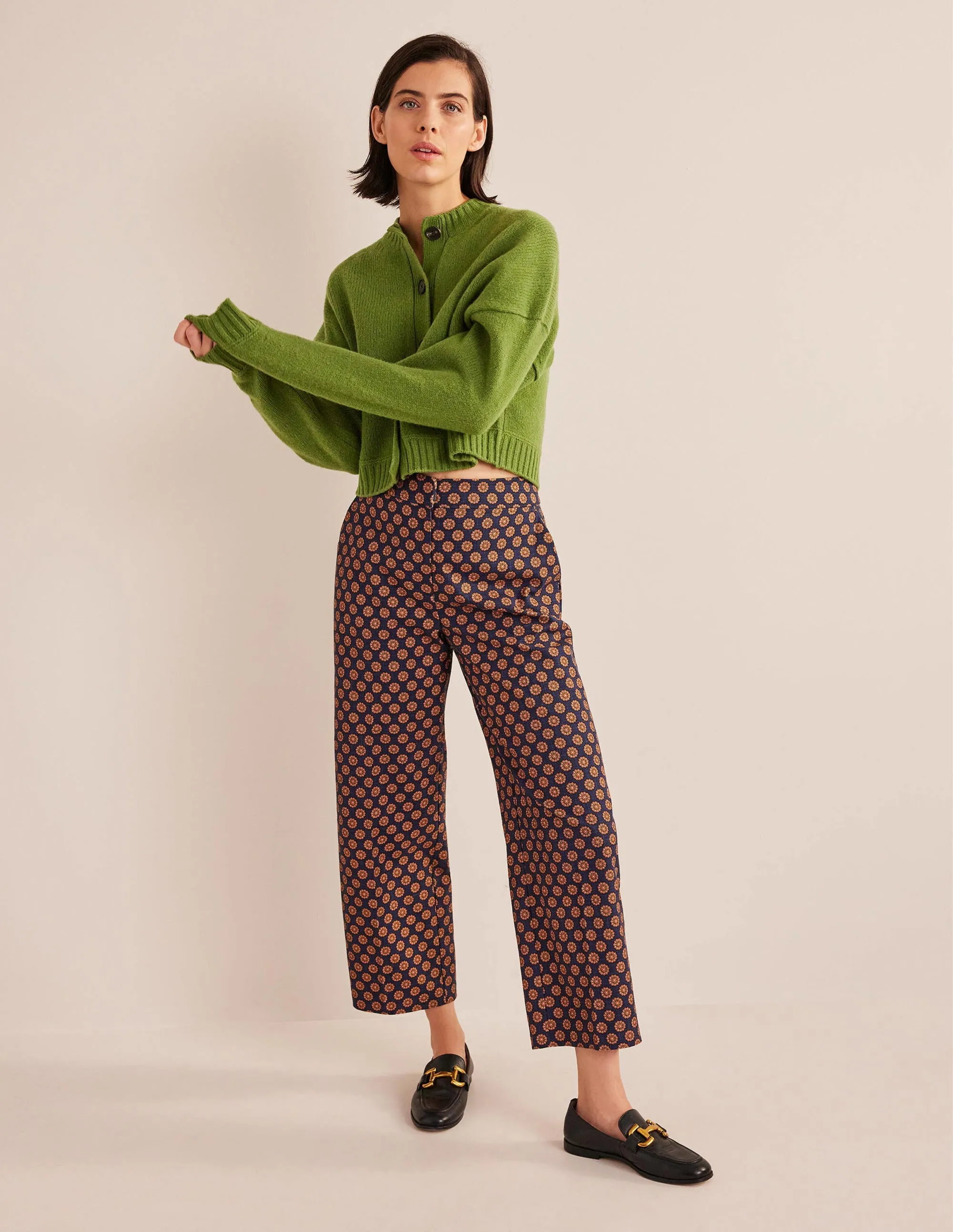 Printed Straight Trousers-Navy, Sunflower Geo