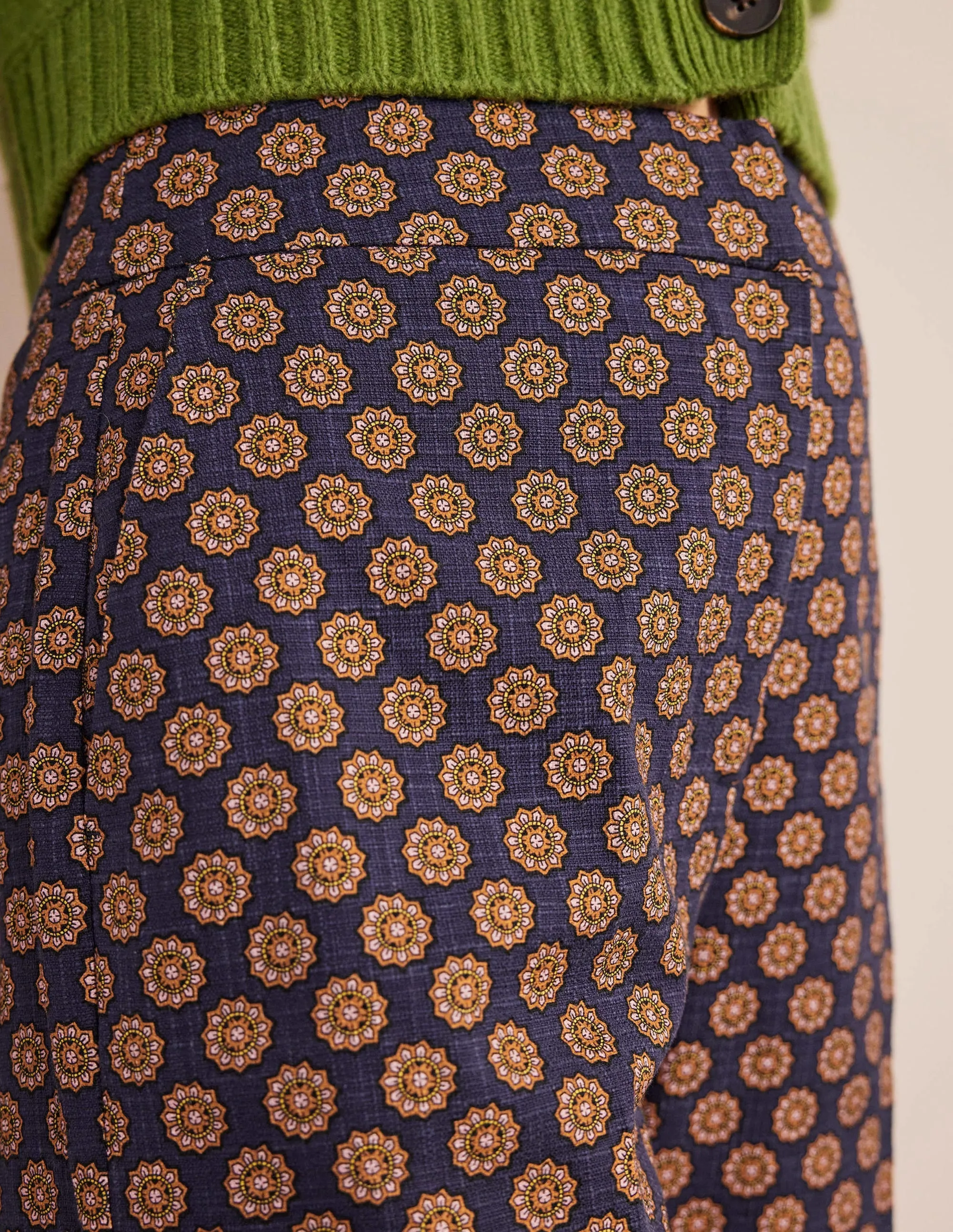 Printed Straight Trousers-Navy, Sunflower Geo