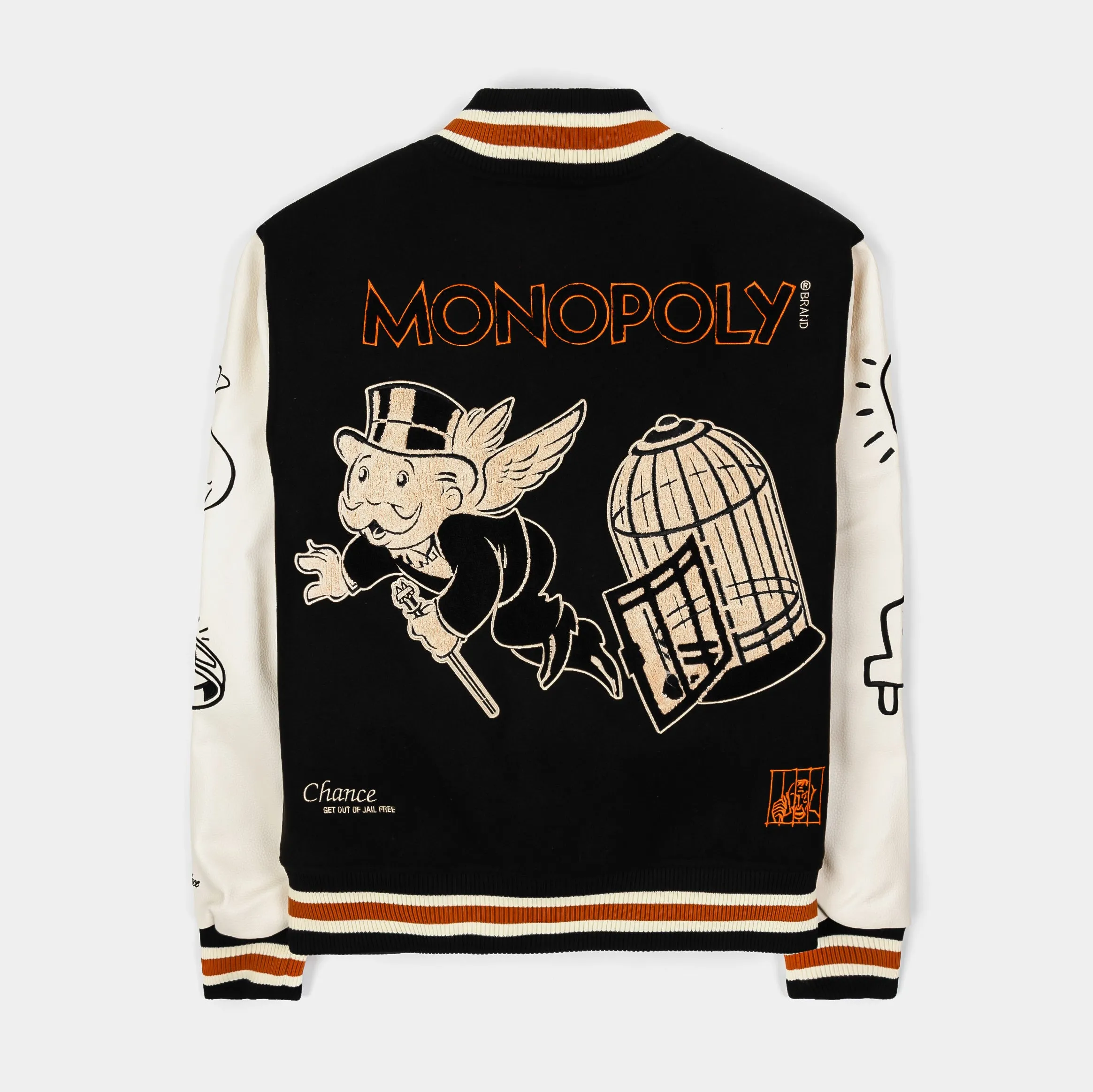 SP x Monopoly Get Out Of Jail Varsity Mens Jacket (Black/Orange)