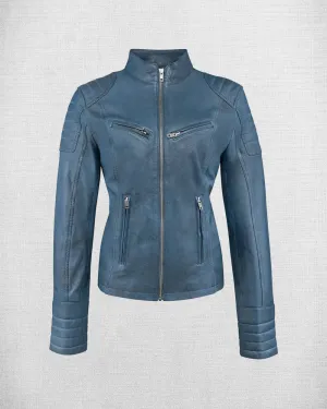 Stylish Wax Blue Leather Jacket For Women