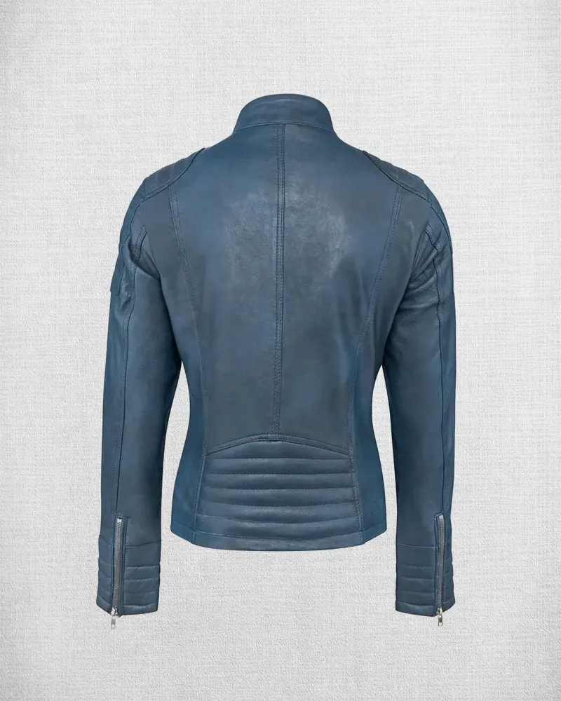 Stylish Wax Blue Leather Jacket For Women