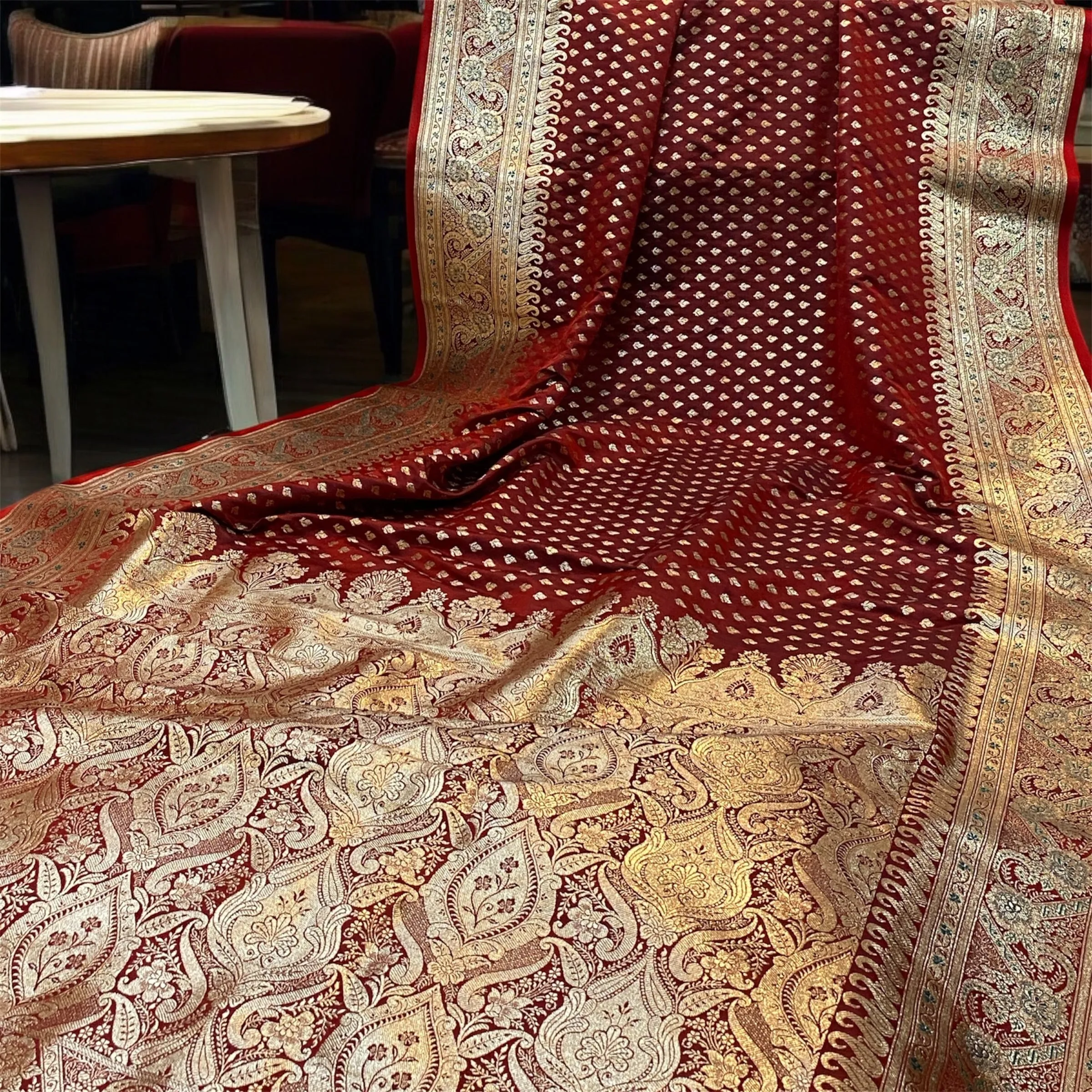 The Maroon Pure Satin Silk Banarasi Saree