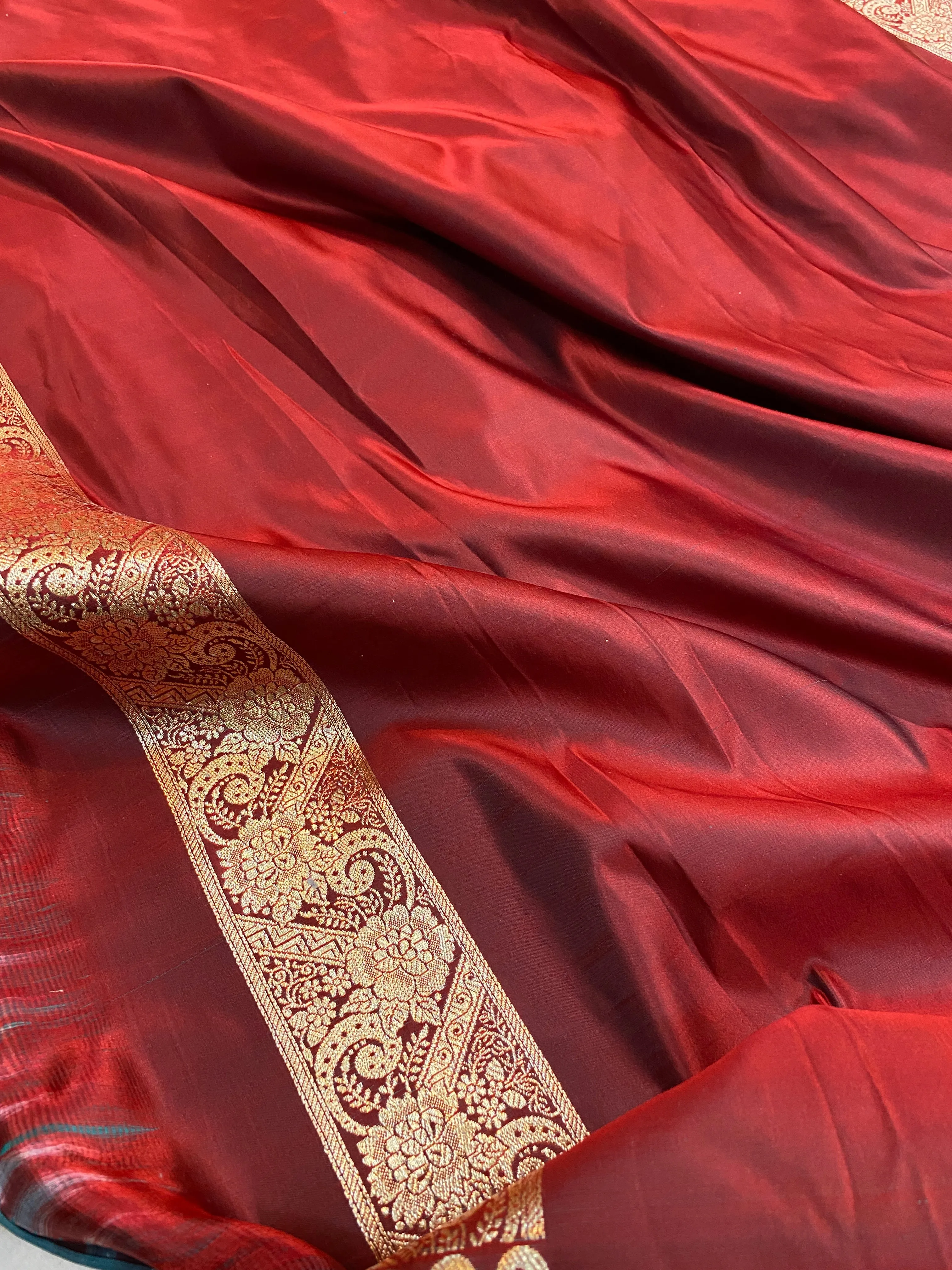 The Maroon Pure Satin Silk Banarasi Saree