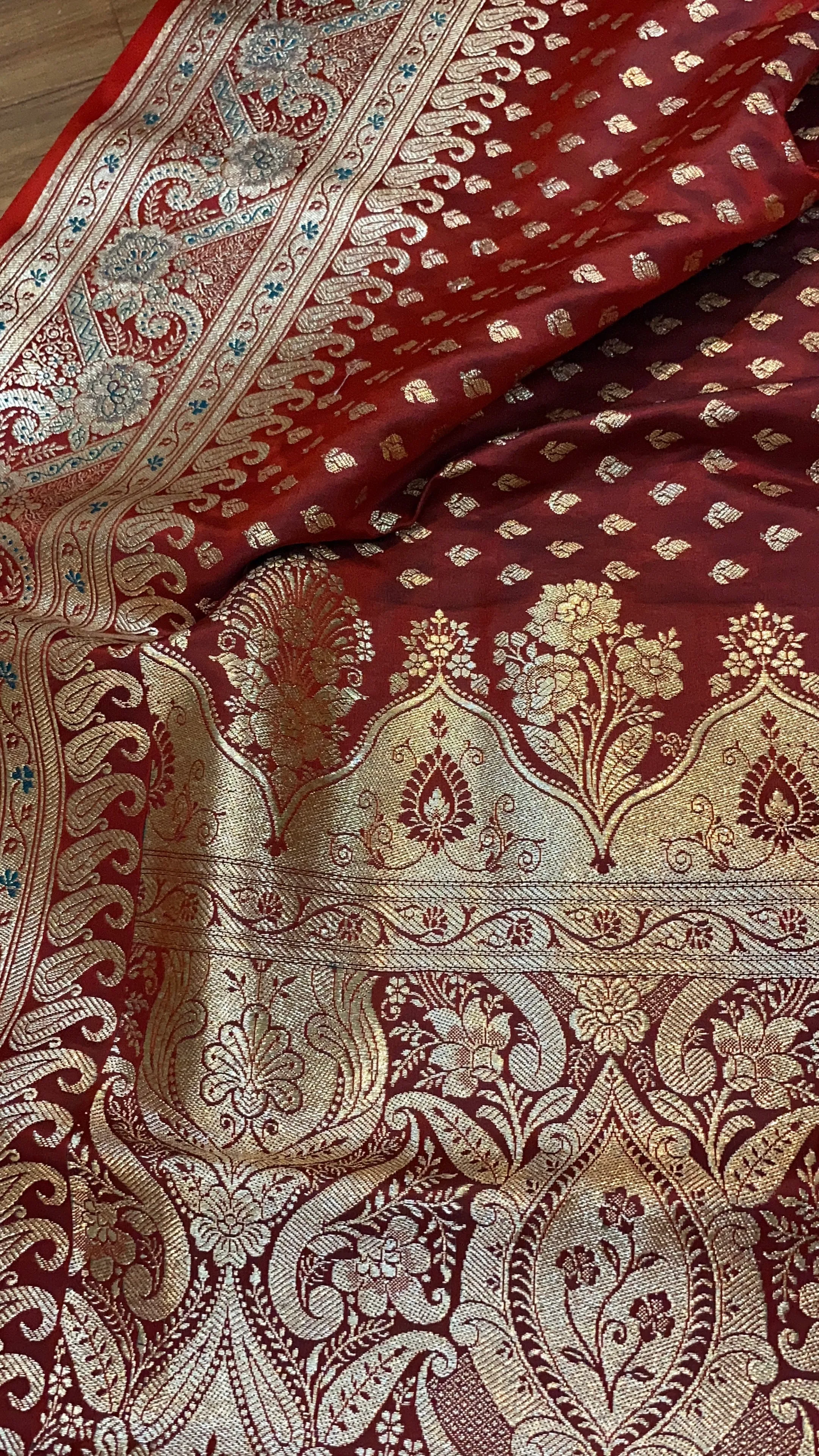 The Maroon Pure Satin Silk Banarasi Saree