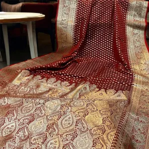 The Maroon Pure Satin Silk Banarasi Saree