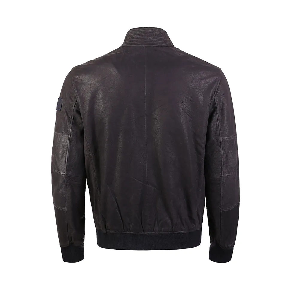 UK Flag Embossed Bomber Leather Jacket with Stripes