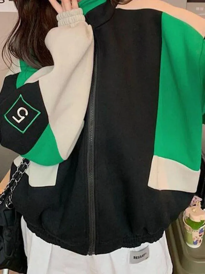Wenkouban-Spring Casual Outfits Y2K Outfits Color Block Zip Up Varsity Jacket