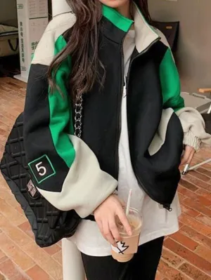 Wenkouban-Spring Casual Outfits Y2K Outfits Color Block Zip Up Varsity Jacket