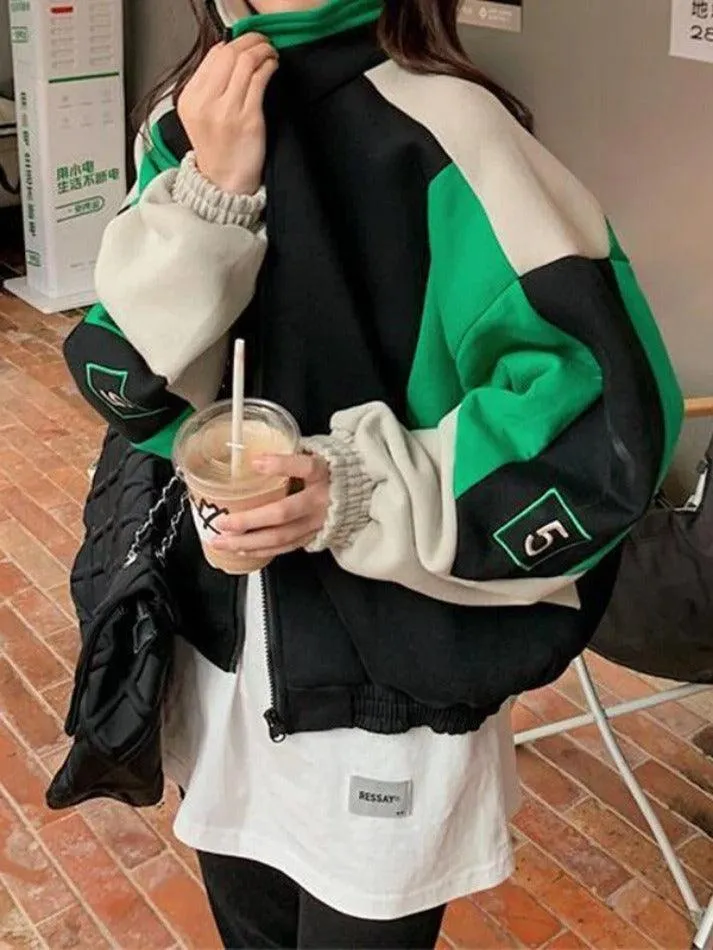 Wenkouban-Spring Casual Outfits Y2K Outfits Color Block Zip Up Varsity Jacket